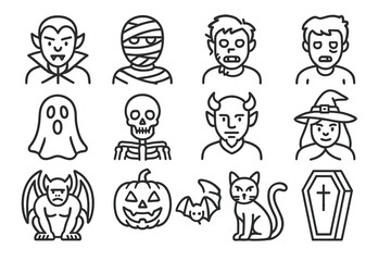 Halloween icon set featuring vampires, mummies, ghosts, skeletons, and more