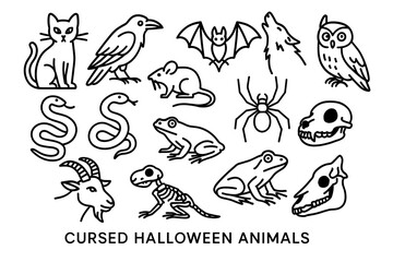 Obraz premium Cursed halloween animals: cats, bats, snakes, spiders, skulls in black outline