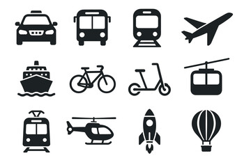 Fototapeta premium Set of black and white transportation icons: car, bus, train, airplane, ship, bicycle, scooter, gondola, helicopter, rocket, hot air balloon