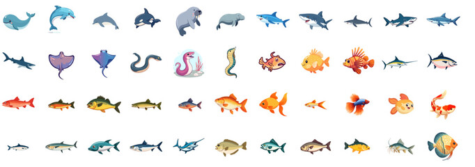 Various colorful fish and marine animals in illustration style, set, pack, collection  