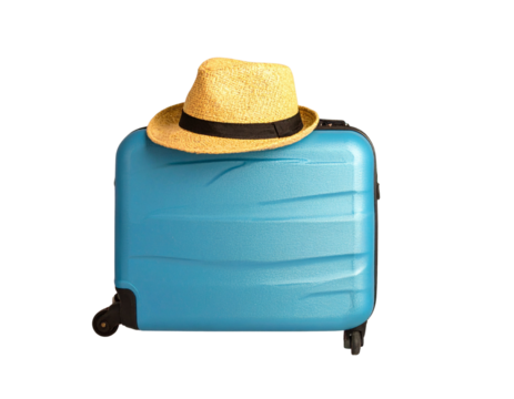Blue Suitcase with Straw Hat