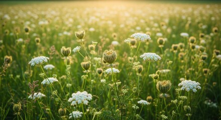 Fototapeta premium Luminous Meadow: A Serene Vista of Queen Anne's Lace at Sunset, Golden Hour