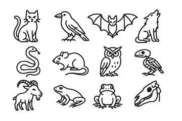 Fototapeta premium Outline illustrations of various animals including cat, bird, bat, wolf, and more