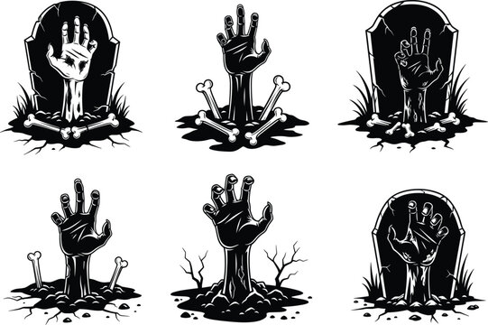 Creepy zombie hands rising from graveyard, horror Halloween illustration with tombstones and bones, spooky undead vector art for scary designs