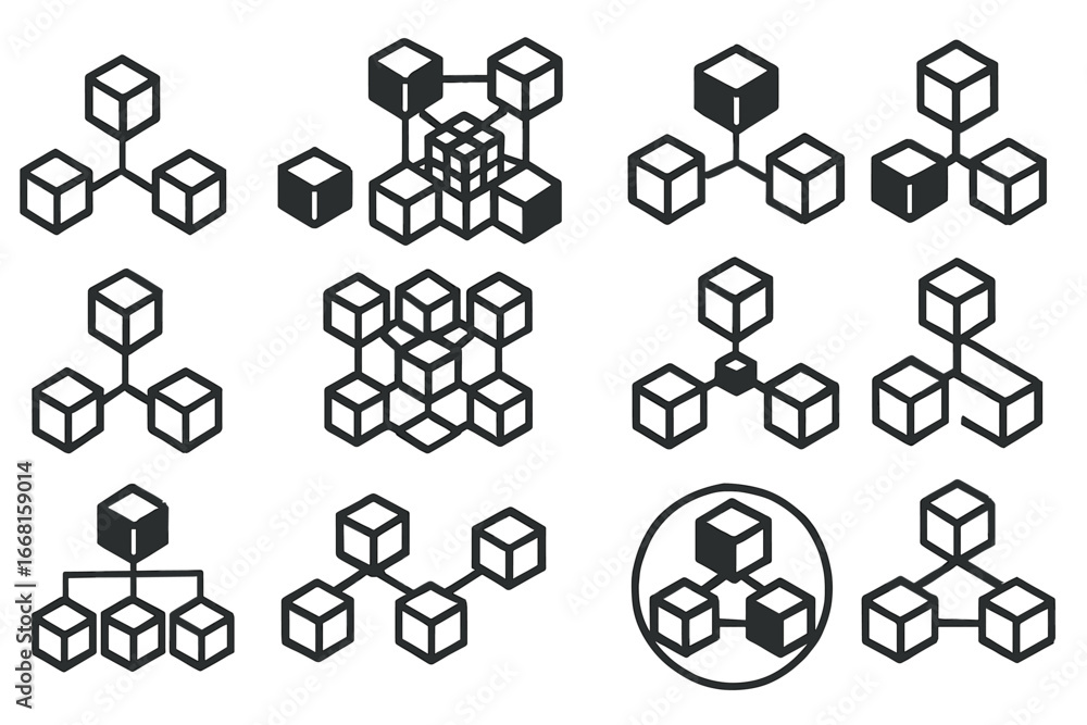 Poster black and white blockchain icons set with hexagonal connection structures