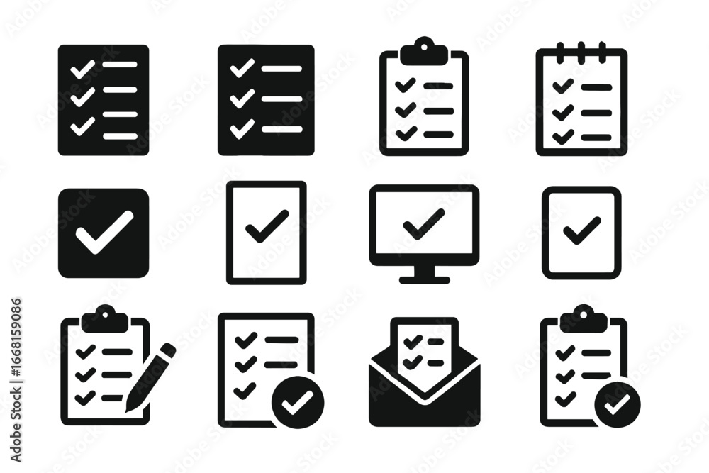 Poster checklist icons set: task management and organization symbols