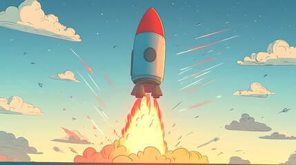 Retro illustration of a cartoon rocket ship launching from Earth to explore the cosmos
