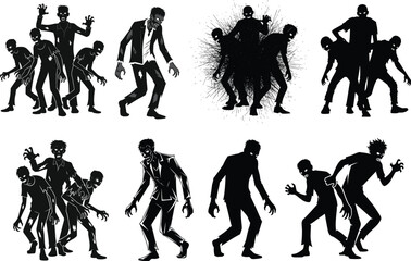 Silhouette Zombie Vector Set with Creepy Poses, Horror Creatures, Undead Characters, Scary Walking Monsters, Halloween Illustration Design Elements