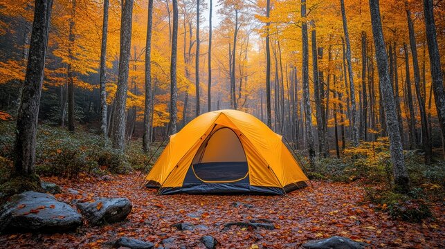 Orange tent in autumnal forest