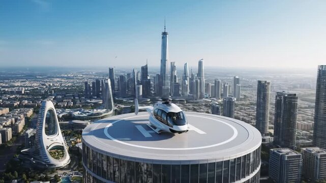 Futuristic Passenger Transport Evtol Over Metropolis - A sleek, white electric vertical takeoff and landing (eVTOL) aircraft rests on a rooftop helipad overlooking a sprawling futuristic metropolis.