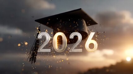 Graduation Year Celebration: 2026 Academic Milestone with Mortarboard Against Abstract Sunset Background