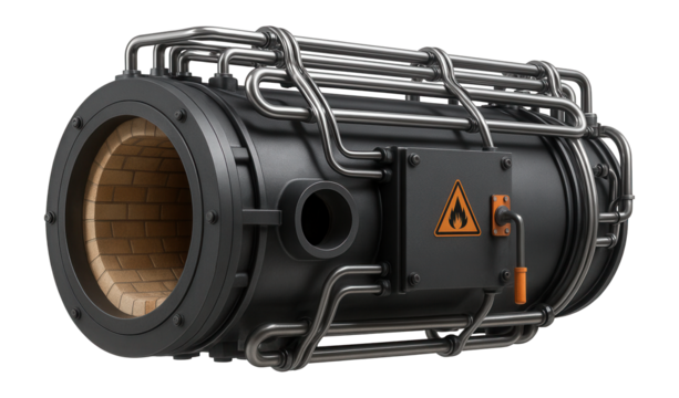 Horizontal blast furnace with a brick-lined interior and external cooling pipes for a large foundry