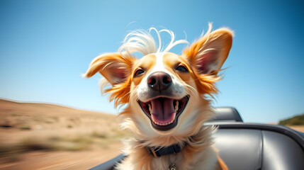 A playful dog enjoying a ride with its ears flapping in the wind, capturing the essence of joy and freedom.