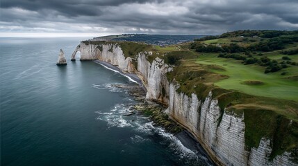 Coastal cliffs of ?tretat, France, under cloudy sky
