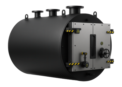 Large capacity hot water boiler with a corrugated furnace and a water-cooled front wall for a district heating plant