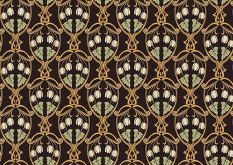 Decorative flowers and leaves in art nouveau style, vintage, old, retro style. Seamless pattern, background. Vector illustration. In art nouveau style, vintage, old, retro style.
