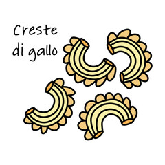 Illustration of Italian pasta Creste Di Gallo, cockscomb shape isolated on white