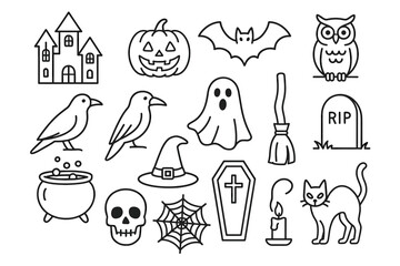 Obraz premium Halloween icons: ghost, pumpkin, bat, witch hat, haunted house, spider web, skull, owl