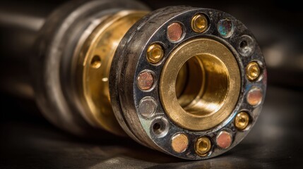 Obraz premium Close-Up of a Detailed Machine Component Featuring Brass and Metal Elements, Showcasing Precision Engineering and Intricate Design in Industrial Manufacturing Settings