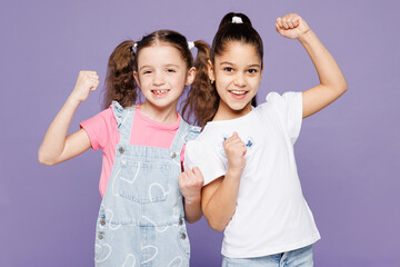 Little cool two friends kids children girls 9-10 years old wear casual clothes together doing...