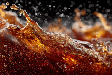 Carbonated beverage splash with bubbles and droplets captured in high speed macro photography, showing dynamic motion and rich amber color with sparkling effervescence