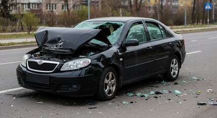 Naklejka premium Damaged Black Car After Accident on City Road – Road Safety Awareness and Traffic Victims Remembrance 