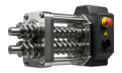 Counter-rotating twin screw mixer with intermeshing screws and a sealed chamber for high-viscosity material mixing in a polymer production facility