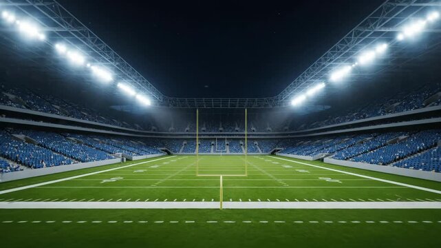 Night Football Stadium: Illuminated Arena - An empty American football stadium at night, brightly lit by stadium lights. The stands are filled with blue seats, creating a vibrant atmosphere.