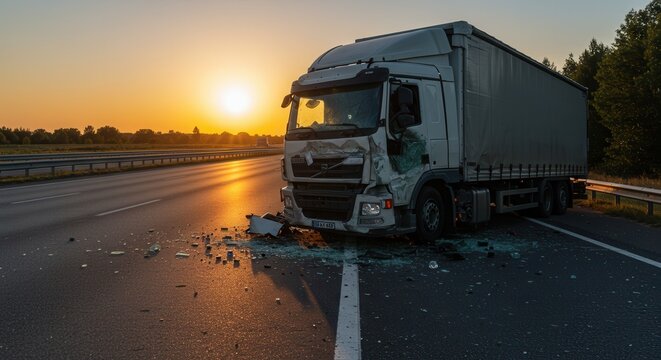 Damaged Truck After Road Accident at Sunset &ndash; World Day of Remembrance for Road Traffic Victims 