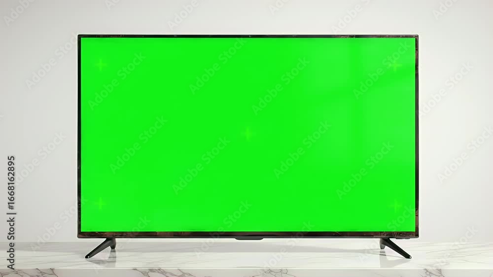 Poster modern flat screen tv with green screen display on white background for mockup and compositing