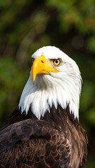 Obraz premium Close-up portrait of an impressive bald eagle, showcasing its sharp, focused gaze and intricate plumage details against a blurred natural backdrop.