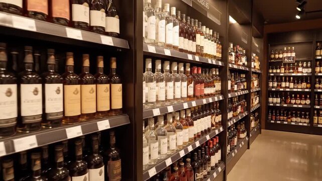 Well-Stocked Liquor Store Aisle - Rows of liquor bottles are neatly displayed on shelves in a modern liquor store.
