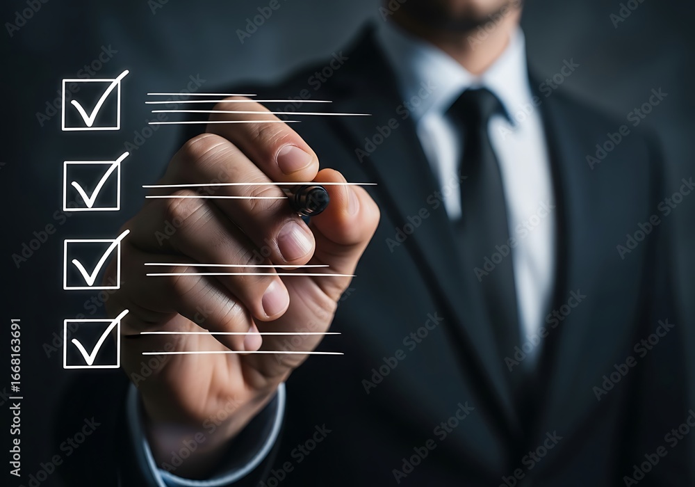 Poster strategic business planning and development with a professional checking off tasks on a digital scre