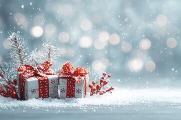 Snowy scene with wrapped gifts and evergreen branches in winter wonderland
