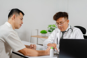 Doctor consulting patient with health advice and medication in a modern clinic setting, healthcare...