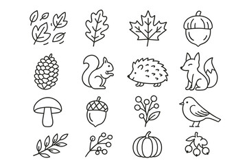 Autumn symbols: leaves, acorns, and forest animals in simple line art