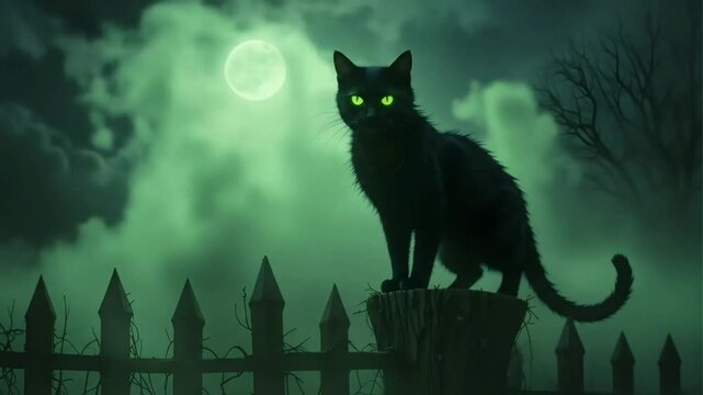A glowing black cat with multiple eyes, standing on a crooked fence under the moon, surrounded by swirling green mist.