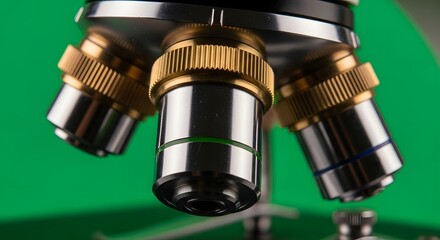 Close-up Microscope with Silver and Gold Details on Green Background