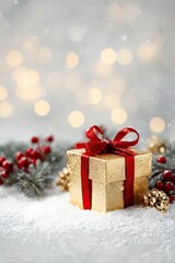 Golden gift box with red ribbon on snowy surface with christmas decorations