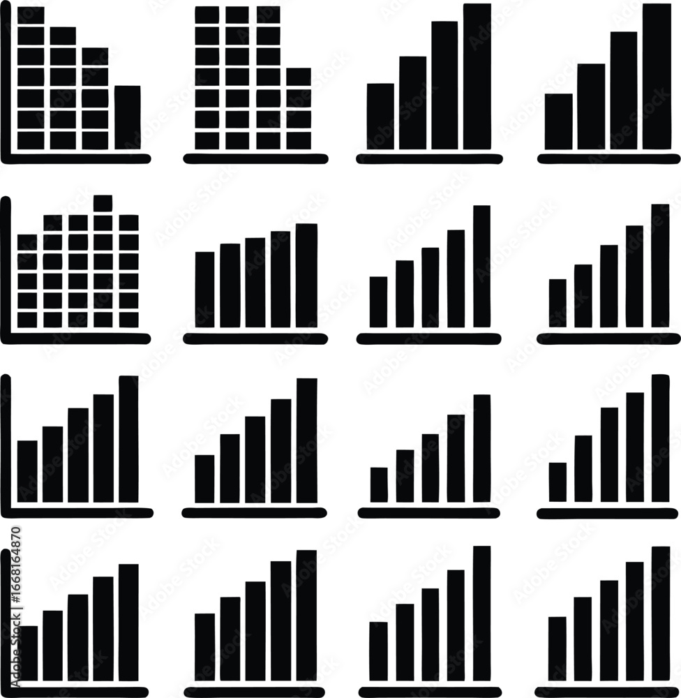 Poster collection of simple bar graph icons representing growth and data analysis trends ideal for business