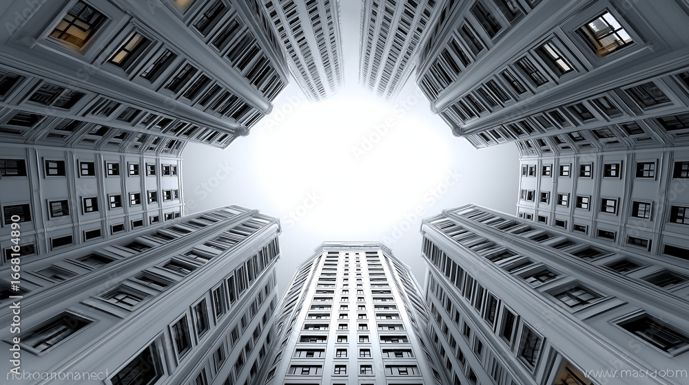 Aufkleber skyward gaze: a unique perspective captures the imposing architecture of towering skyscrapers, conve