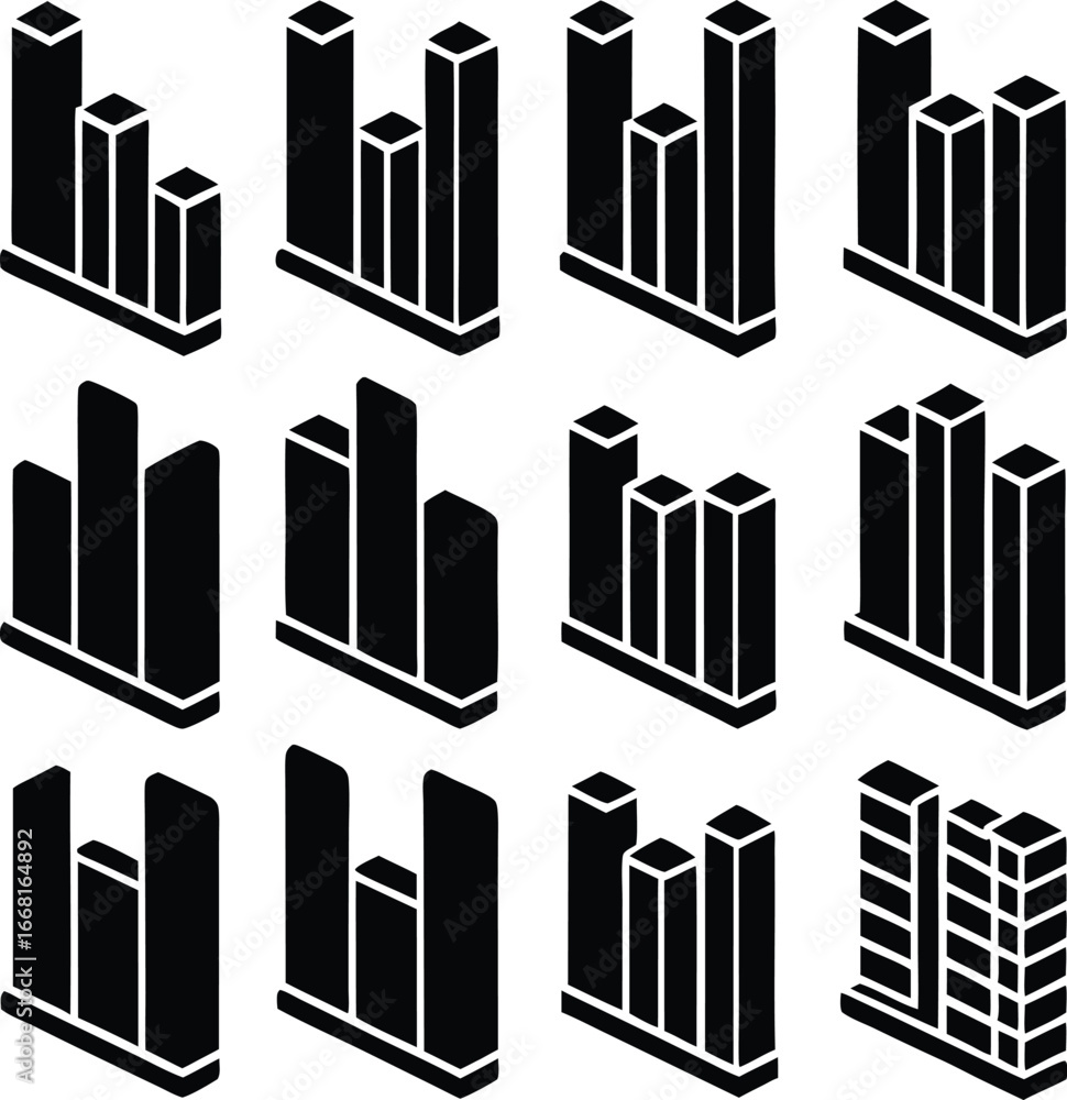 Poster isometric bar chart icons set representing business growth financial data trends and analytics in a 