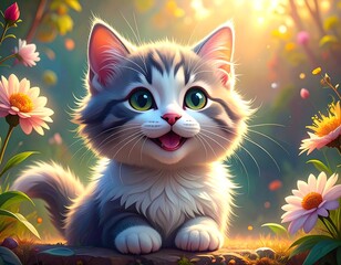 cute happy kitten in magical flower garden