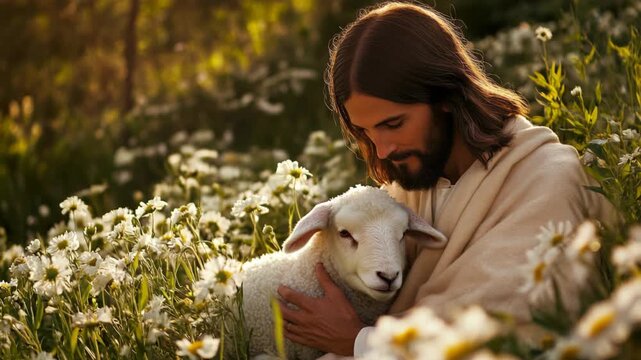 Jesus Christ hugging cute lamb at outdoor flower field	
