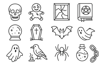Fototapeta premium Halloween icon set: skulls, ghosts, coffin, witchcraft book, spider, bat, raven, chain