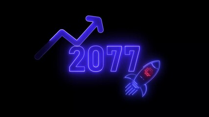 Blue neon 2077 year with upward arrow graph and rocket ship icon on black background new year