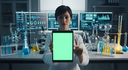 Scientist Holding Blank Green Tablet in Lab Interior