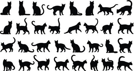 Black cat silhouettes, walking cats, sitting cats, feline shadow shapes, pet vector design, domestic animal clipart, cat poses, illustration collection
