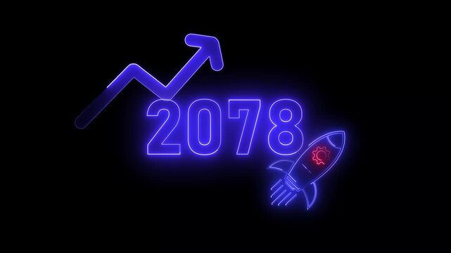 Blue neon 2078 year with upward arrow graph and rocket ship icon on black background new year