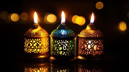 Three ornate, decorative lamps with burning candles, glowing in the dark, highlighted by bokeh